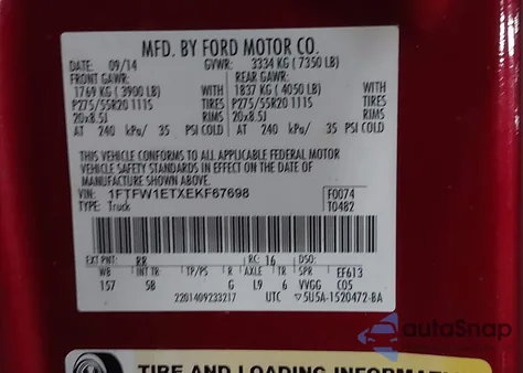 2014 Ford F-150 Fx4 из США, поврежденный, VIN 1FTFW1ETXEKF67698